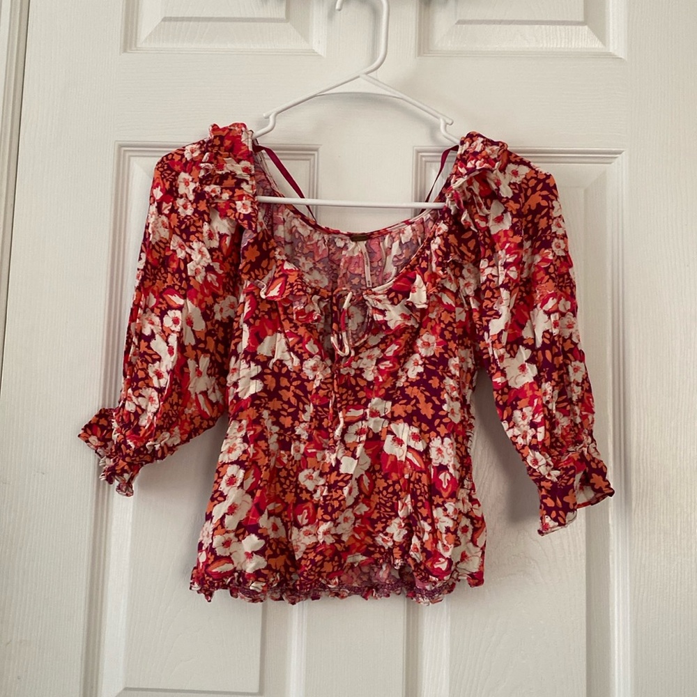 EUC Free People Sweet Memories Pink Multi Floral Print Ruffled Puff Sleeve Top